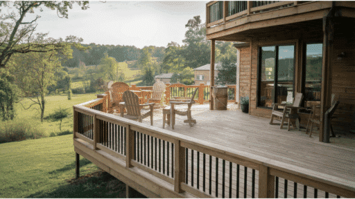 spacious wooden backyard deck with outdoor chairs and railing overlooking green landscape