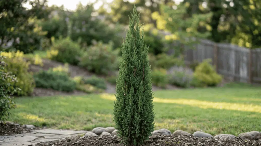 spartan juniper focused shot showing upright narrow foliage column clean structure plant fully visible not cut from above with clear sharp details