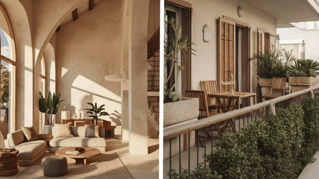 split image showing modern interiors with limewashed walls left side features an airy living room with arched windows, soft neutral tones, and natural light