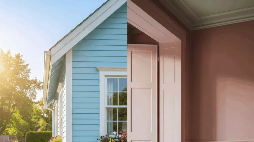 split image shows blue exterior siding in sunlight and a pink interior wall, highlighting indoor vs outdoor paint differences