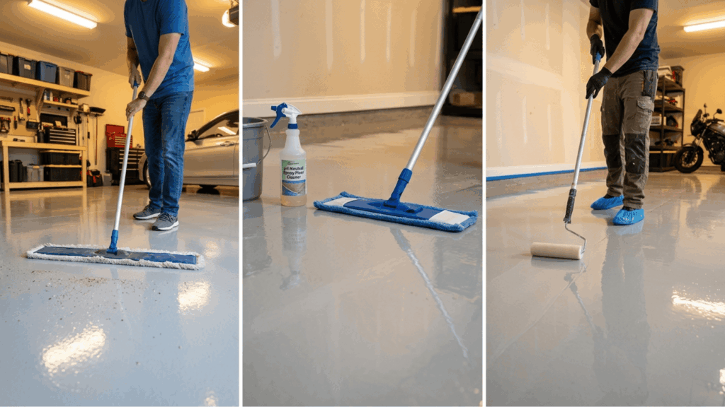 split screen showing epoxy floor care dust mopping, applying a neutral cleaner, and rolling on a fresh epoxy coating