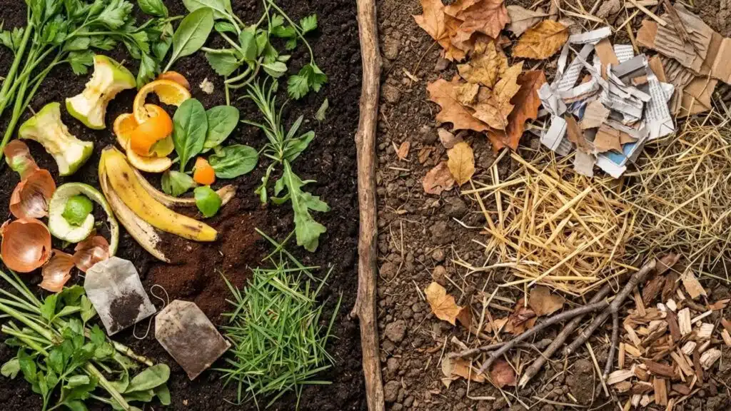 split view of compost materials on soil, Left side shows green compost items like vegetable scraps, fruit peels, herbs, and tea bags. Right side shows brown compost items like dry leaves, straw, s