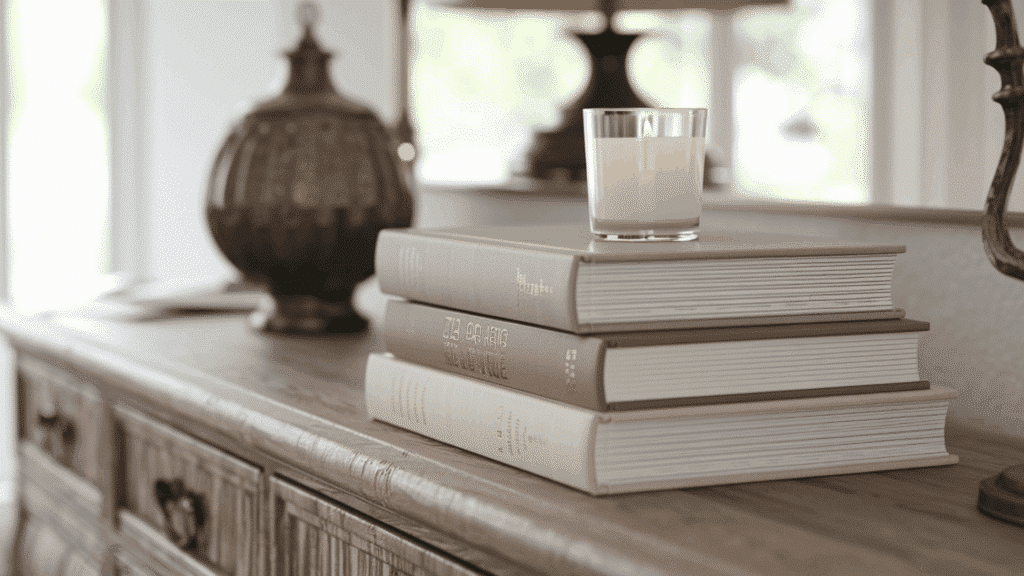 stack of three hardcover decorative books with neutral spines on a console table topped with a small white candle