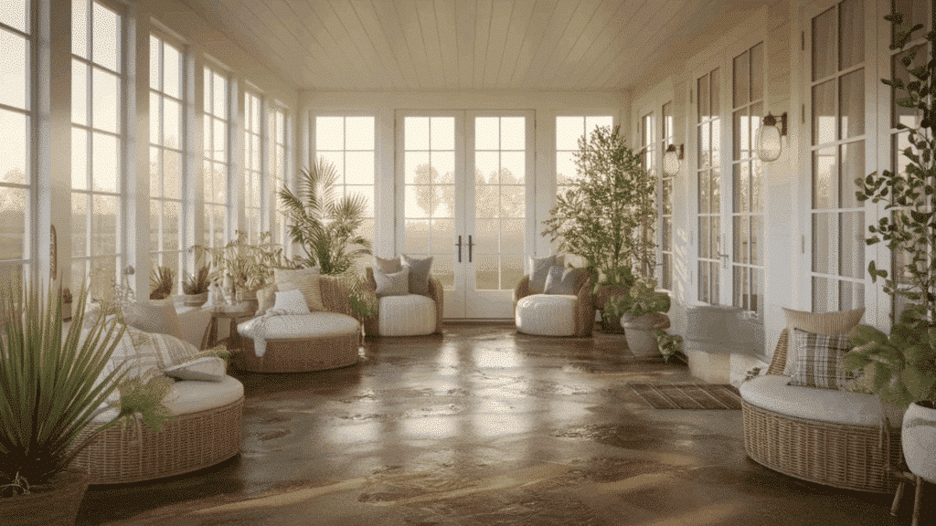 stamped farmhouse stained concrete floors in sunroom