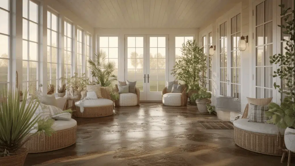 stamped farmhouse stained concrete floors in sunroom