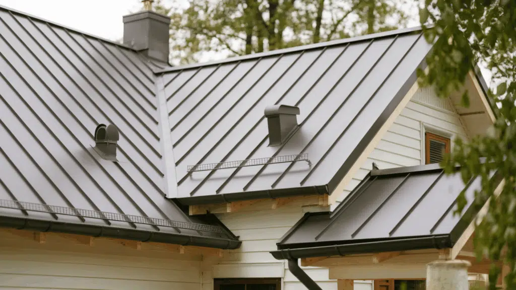 standing seam metal roof on white house with black gutters, chimney, and clean modern panel lines