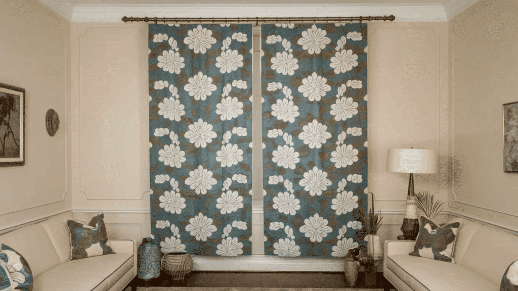statement pattern panel curtains with bold geometric print, adding color and visual interest to a modern living room