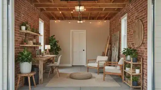 Open garage with brick walls converted into cozy home office with desk, armchairs, and plants