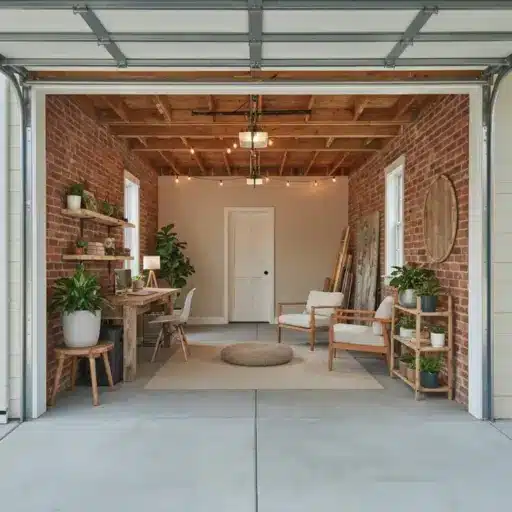 Open garage with brick walls converted into cozy home office with desk, armchairs, and plants