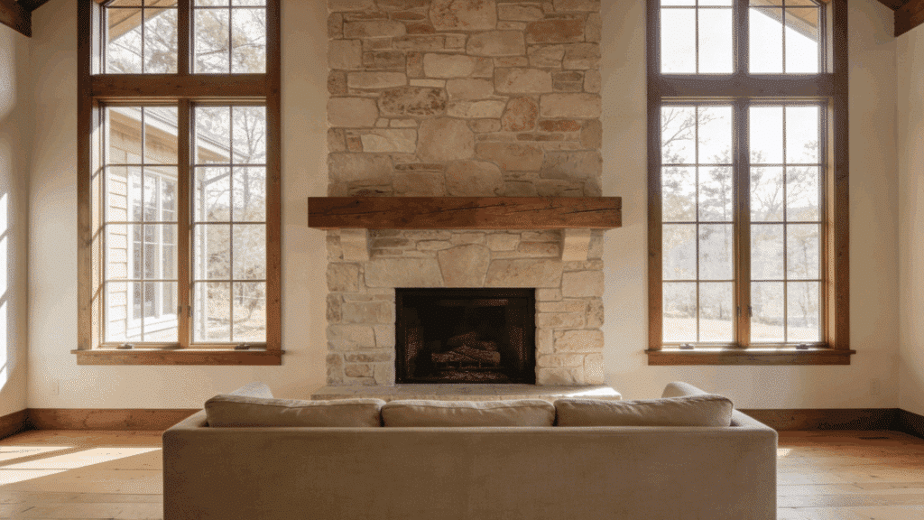 stone fireplace centered between two tall windows in bright farmhouse living room