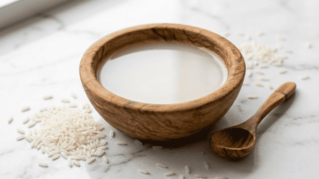 strained rice water in a clear glass bowl with a small ladle beside it and uncooked white rice grains scattered on a marble surface