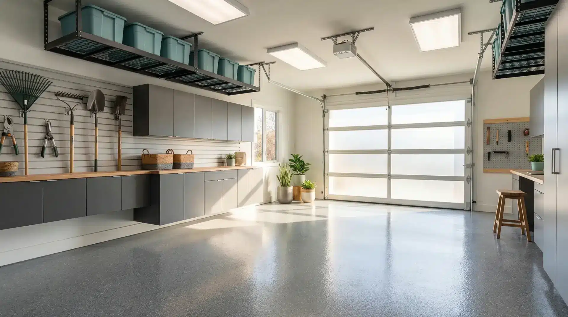 Organized garage with gardening tools on wall, gray cabinets, and overhead storage bins