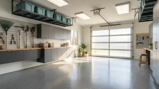 Organized garage with gardening tools on wall, gray cabinets, and overhead storage bins