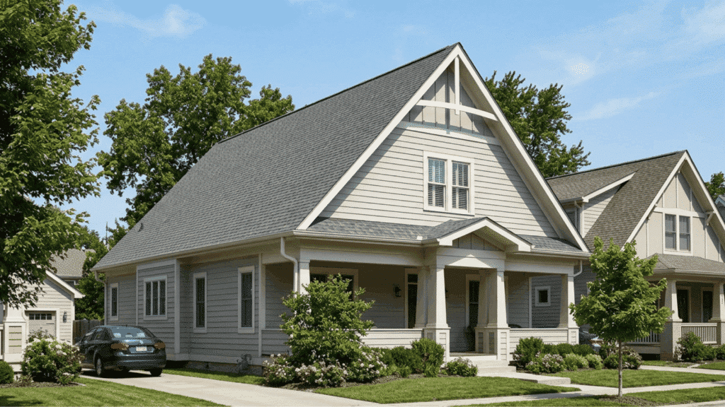 suburban house with gable roof style, steep slopes, front porch and landscaped yard