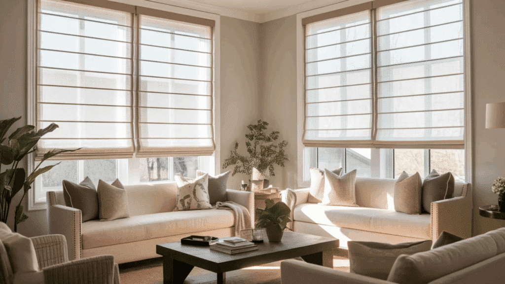 sun-kissed light filtering panels gently diffusing bright sunlight in a cozy living room, creating a warm and inviting glow