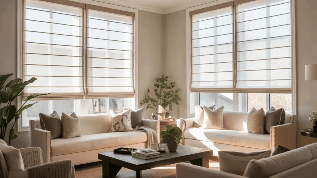 sun-kissed light filtering panels gently diffusing bright sunlight in a cozy living room, creating a warm and inviting glow