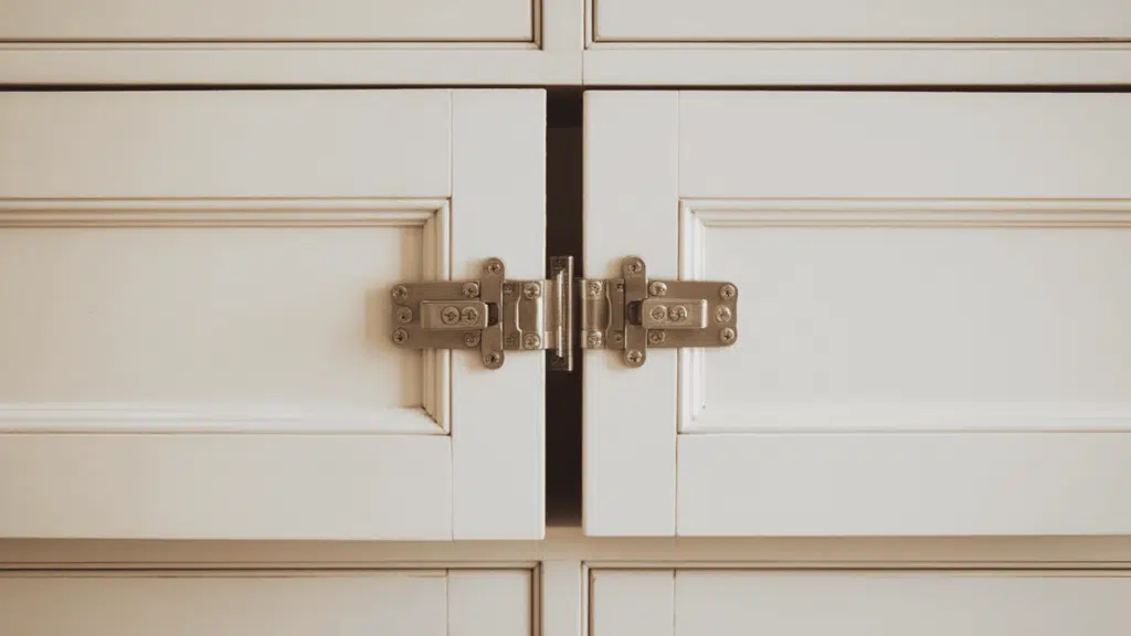 surface mount cabinet hinges on white face frame doors showing both silver hinge leaves mounted flat on the cabinet door surface