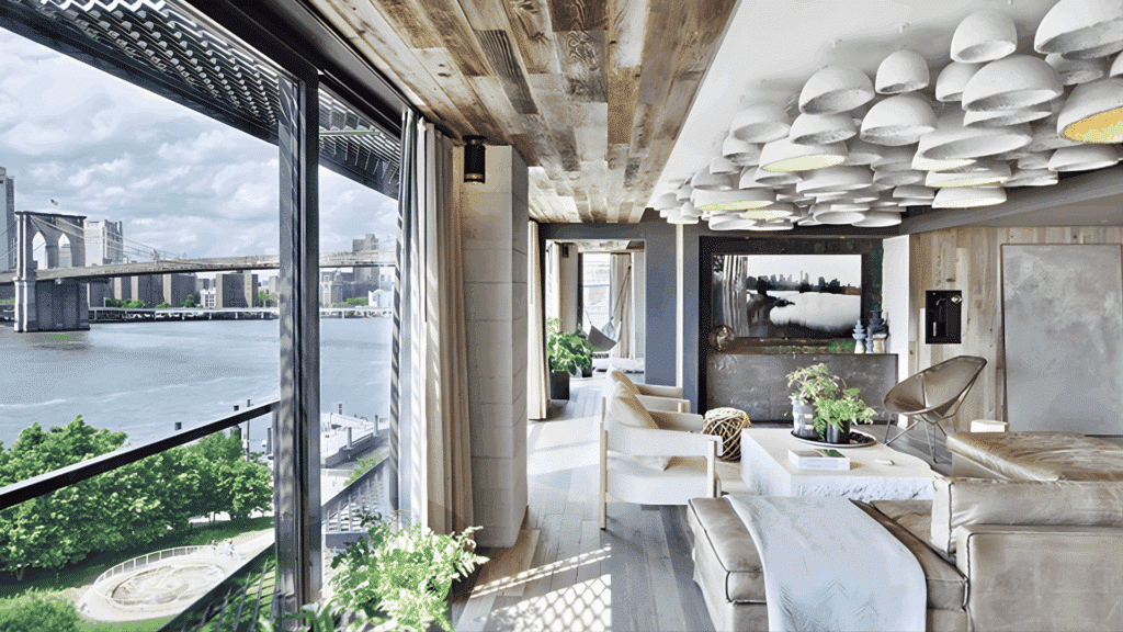 sustainable living room interior with reclaimed wood ceiling large windows natural light indoor plants and view of city bridge outside