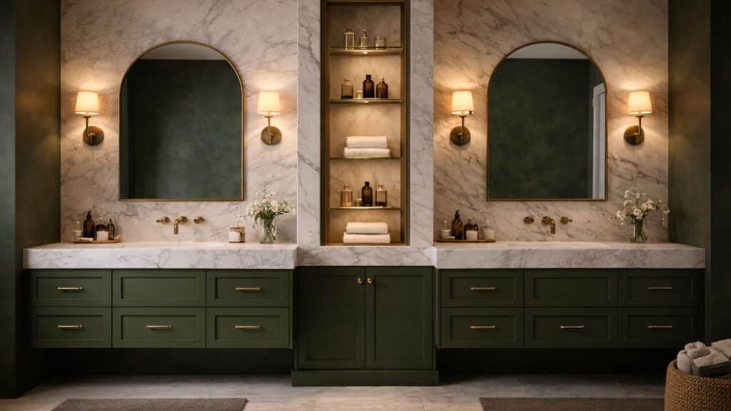 symmetrical bathroom with moss green cabinetry, white marble countertops, arched mirrors, and warm brass sconces creating a refined, classic look