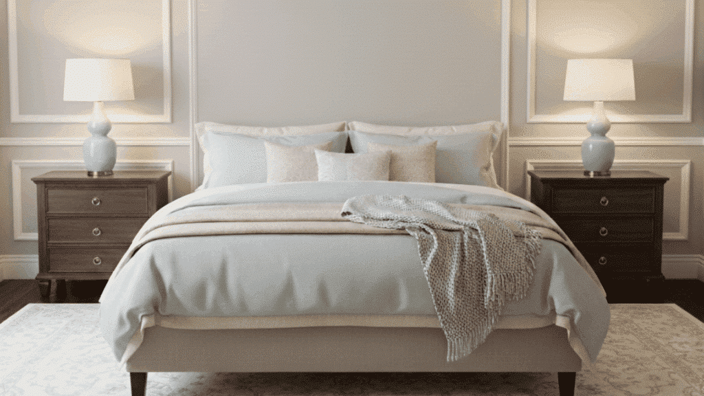 symmetrical bedroom with matching bedside tables and lamps