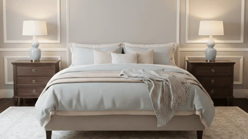 symmetrical bedroom with matching bedside tables and lamps