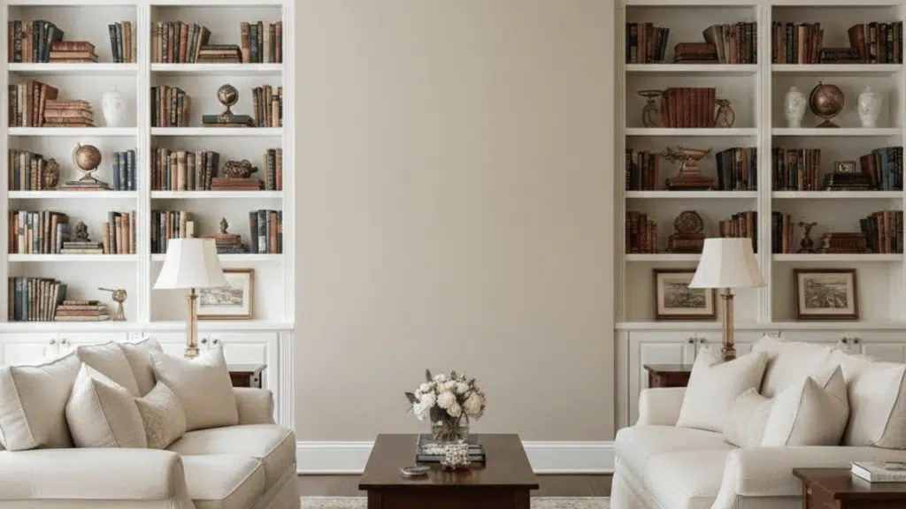 symmetrical classic living room with cream sofas, wooden coffee table, built in bookshelves, and persian rug
