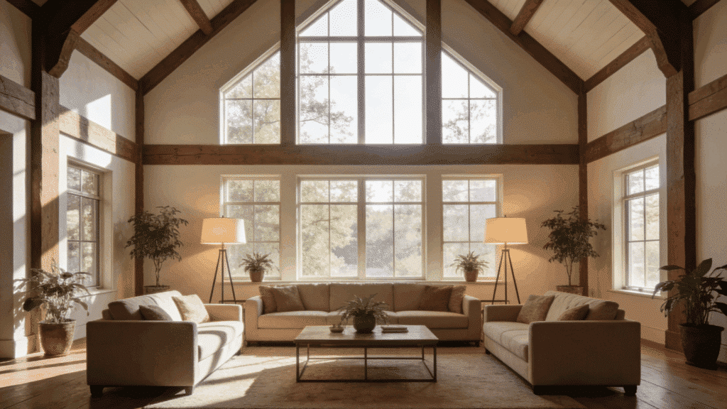 symmetrical farmhouse living room with matching floor lamps