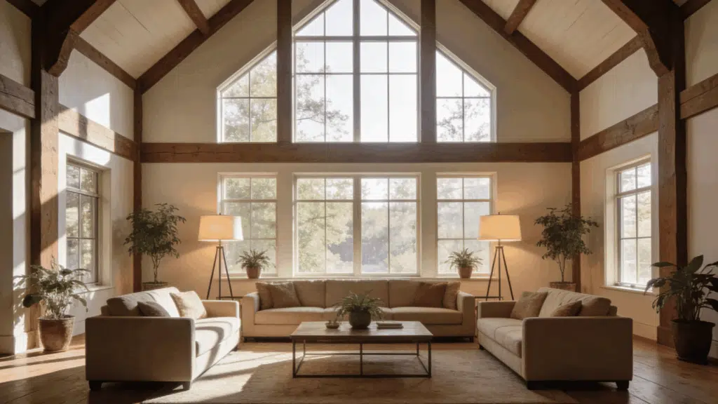 symmetrical farmhouse living room with matching floor lamps