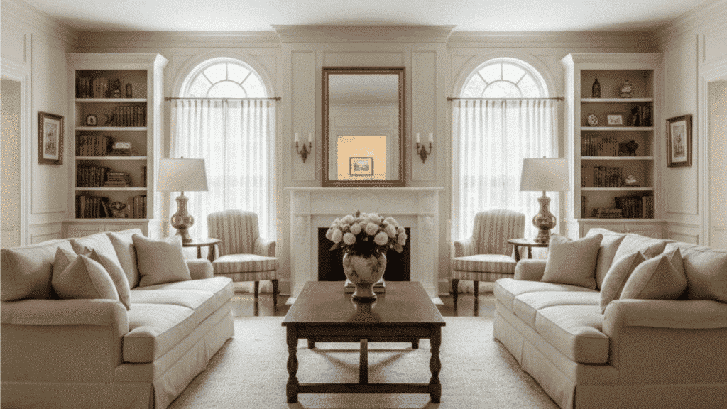 symmetrical living room with matching sofas and central wooden coffee table