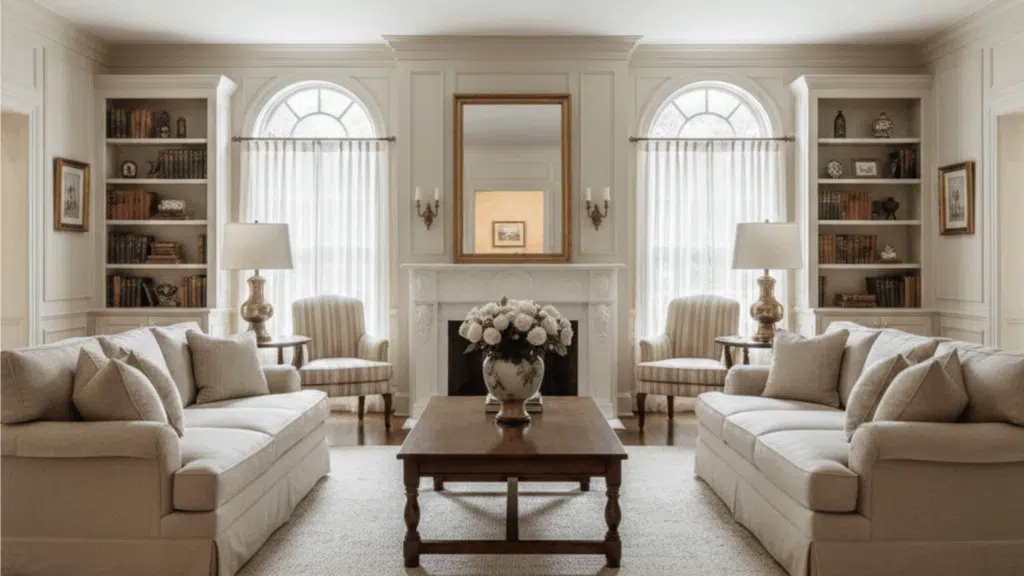 symmetrical living room with matching sofas and central wooden coffee table