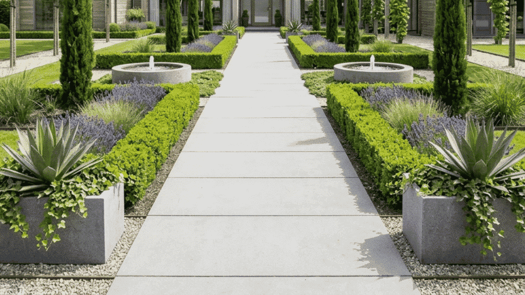 symmetrical modern garden with straight pathway, hedges, planters, and contemporary home.