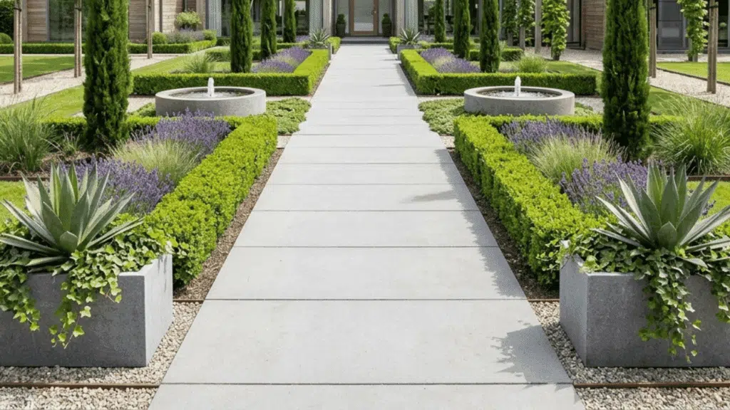 symmetrical modern garden with straight pathway, hedges, planters, and contemporary home.