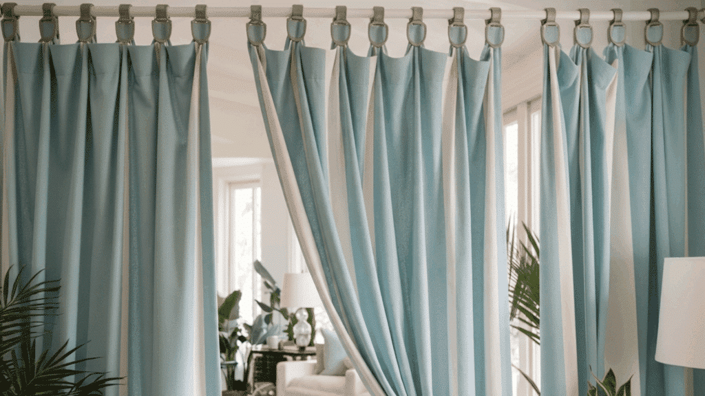 tab top curtains with fabric loops hanging in a casual, relaxed bedroom.