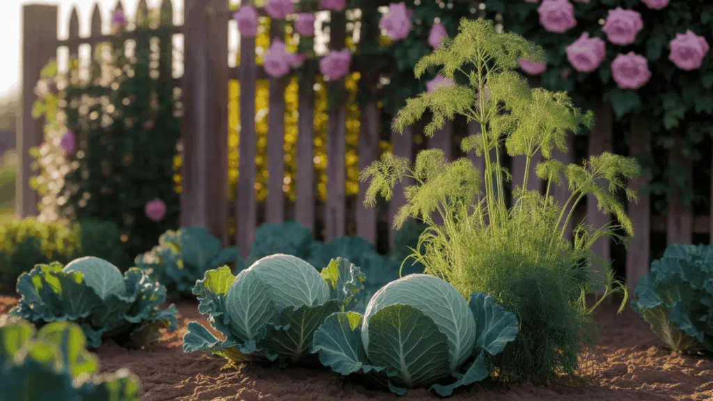 tall dill plant with feathery fronds growing alongside cabbage family vegetables in a garden bed attracting beneficial insects
