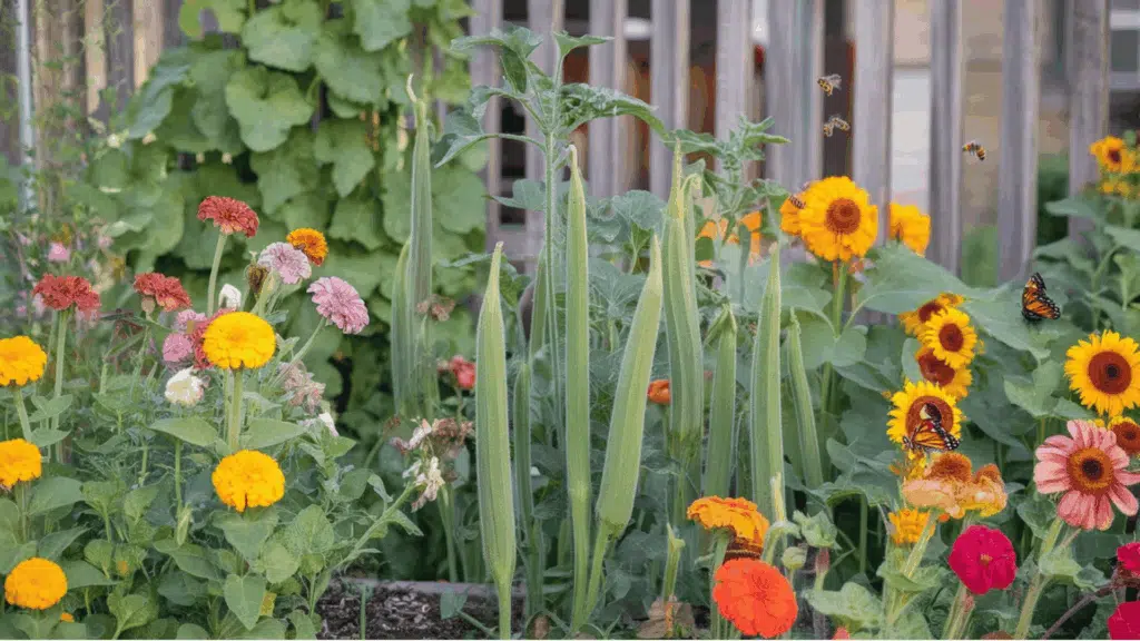 tall okra plants growing among colorful marigolds zinnias sunflowers and nasturtiums with bees and butterflies flying in a sunny garden scene