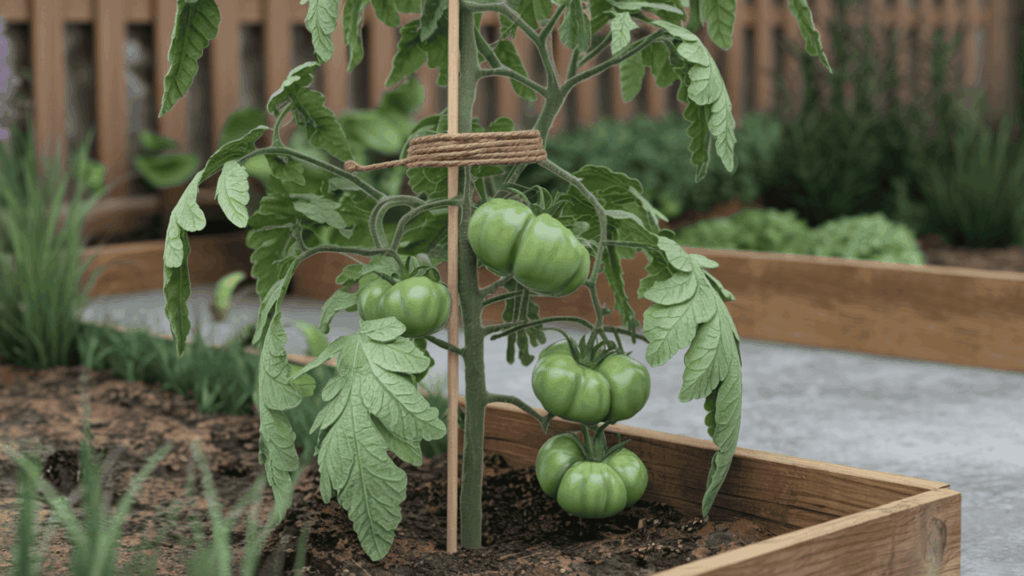 tall tomato plant tied loosely with twine to a bamboo stake for support to prevent stem damage during growth