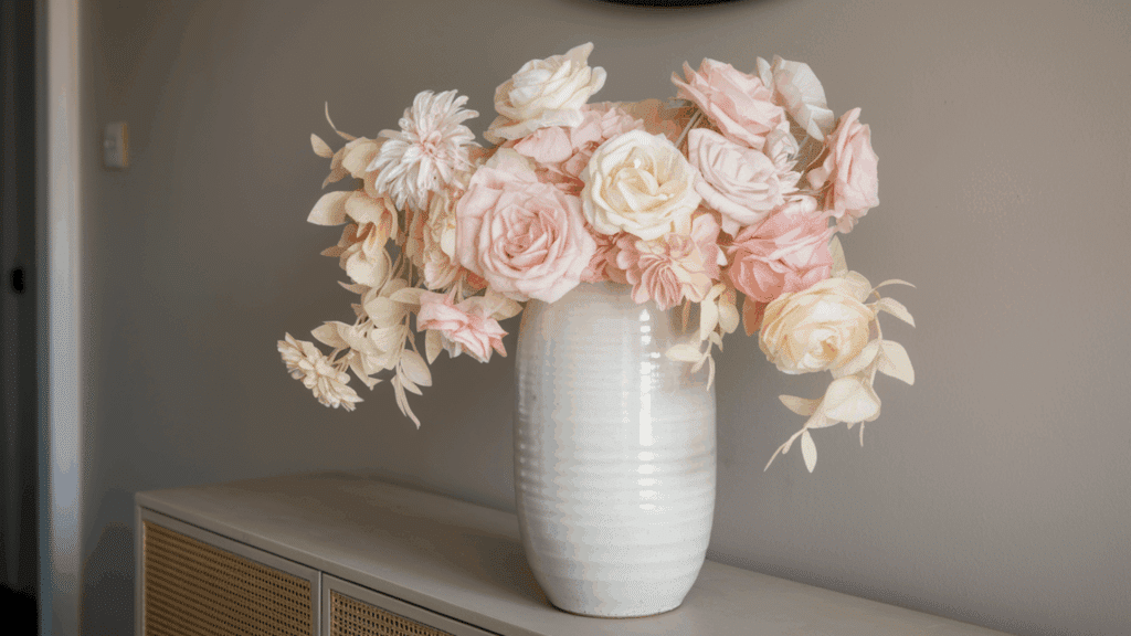 tall white ceramic vase filled with soft blush faux floral stems sitting on a console table against a neutral wall
