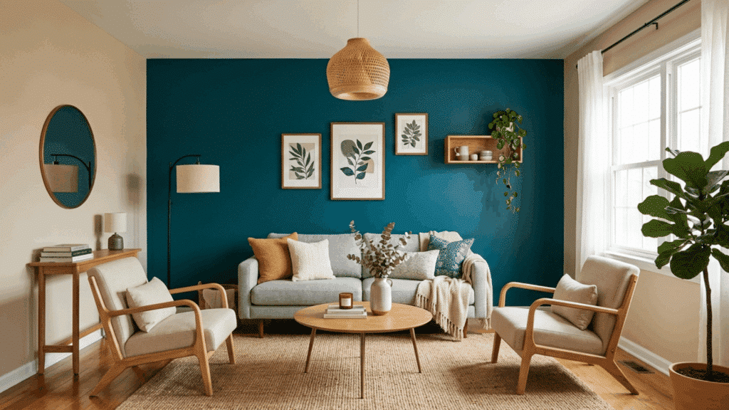 teal accent wall living room with light chairs, wood decor, and modern layout.