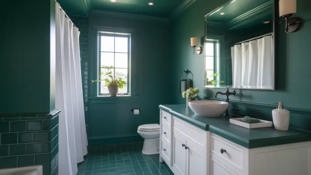 teal green bathroom with a white vanity and vessel sink, large mirror, shower with white curtain, window with potted plant, and matching green tile floor