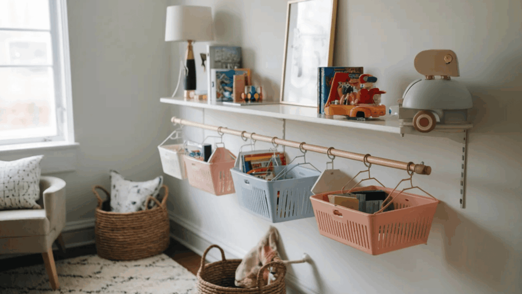 tension rod under a shelf for storage