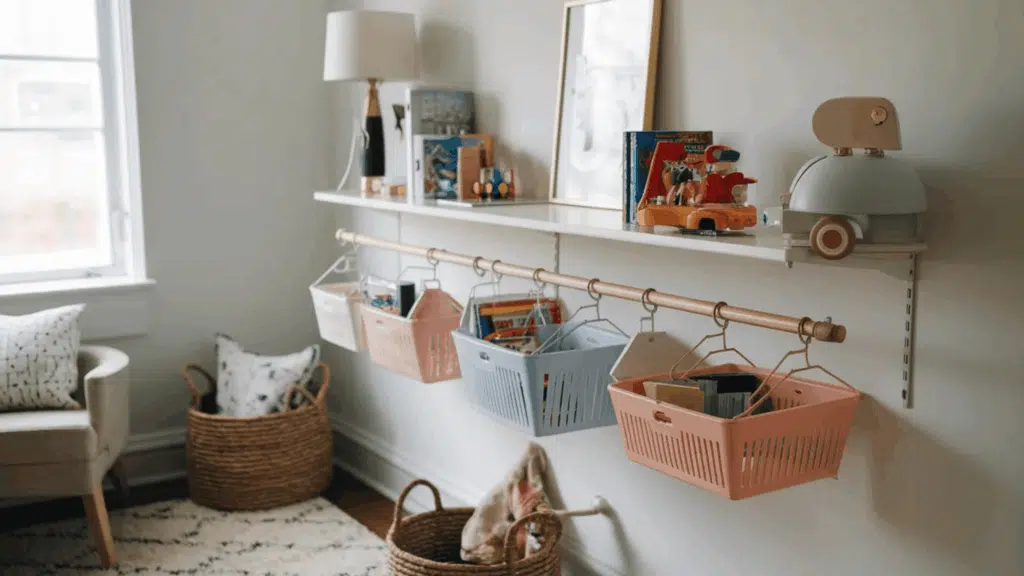 tension rod under a shelf for storage