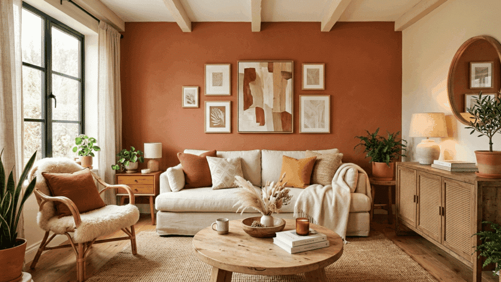 terracotta accent wall living room with warm tones, wood furniture, and soft textiles.