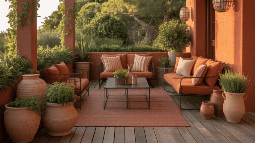 terracotta-themed outdoor seating area with plants, cozy cushions, and a matching rug.