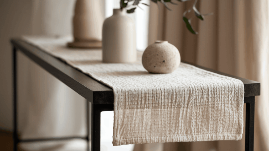 textured off-white linen runner laid across a console table with simple decor pieces placed on top in soft natural light