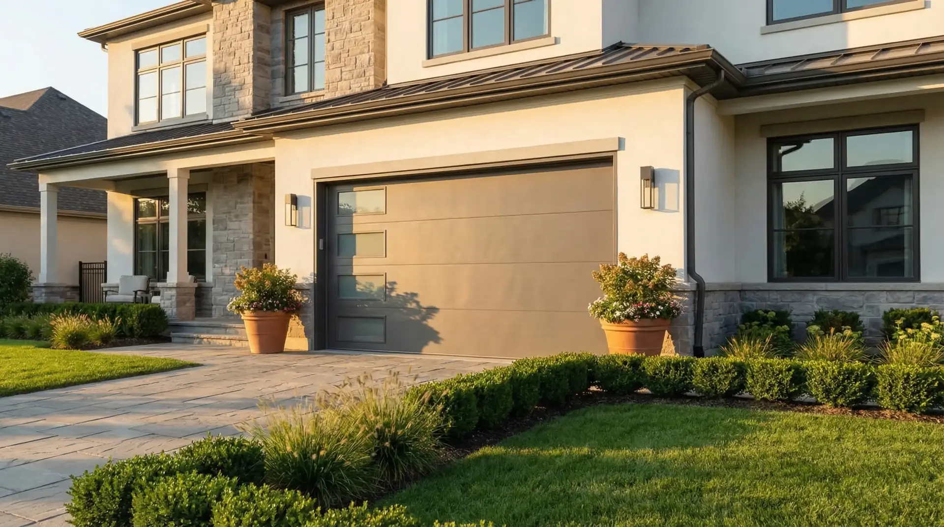 Modern suburban home exterior with stone facade, large garage door, manicured bushes, and evening sunlight