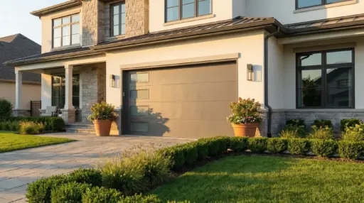 Modern suburban home exterior with stone facade, large garage door, manicured bushes, and evening sunlight