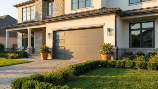 Modern suburban home exterior with stone facade, large garage door, manicured bushes, and evening sunlight