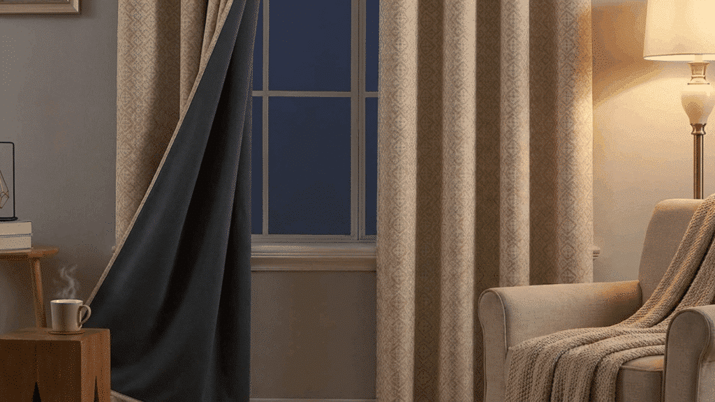 thermal curtains installed in a bedroom with insulating backing to regulate temperature.