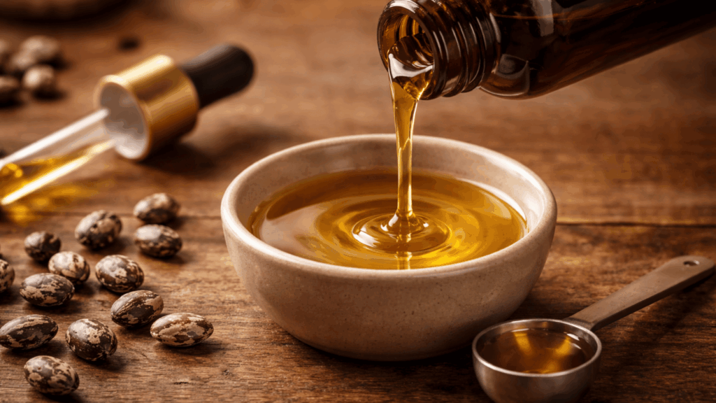 thick castor oil being poured from a dark glass bottle into a small ceramic bowl with a dropper placed beside it on a wooden surface