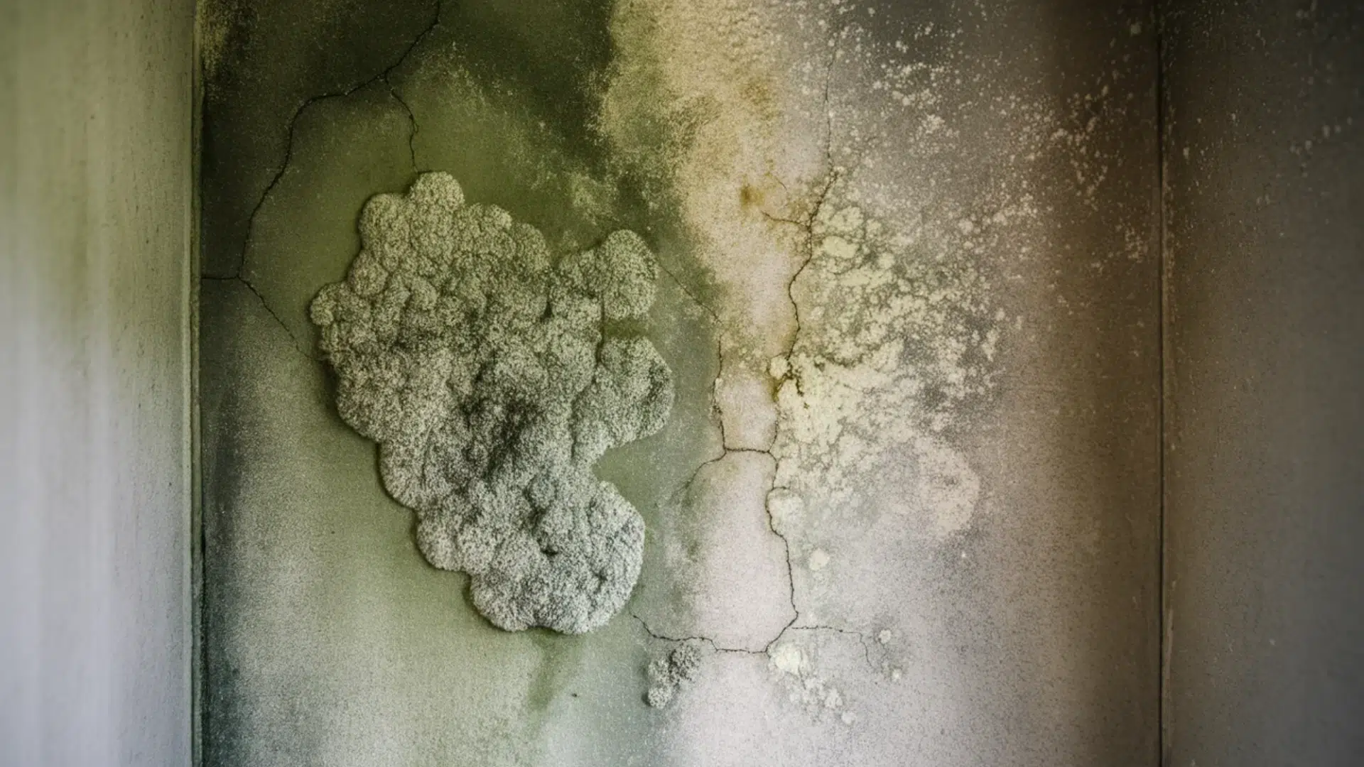 thick white and green mold growth spreading across a cracked, moisture damaged interior wall with visible staining and peeling paint